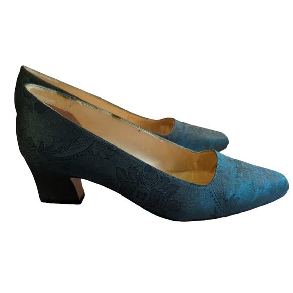 Connie Opulent IV Forest Green Patterned Fabric 2.25" Heels vintage women's Sz 9 - Picture 1 of 8